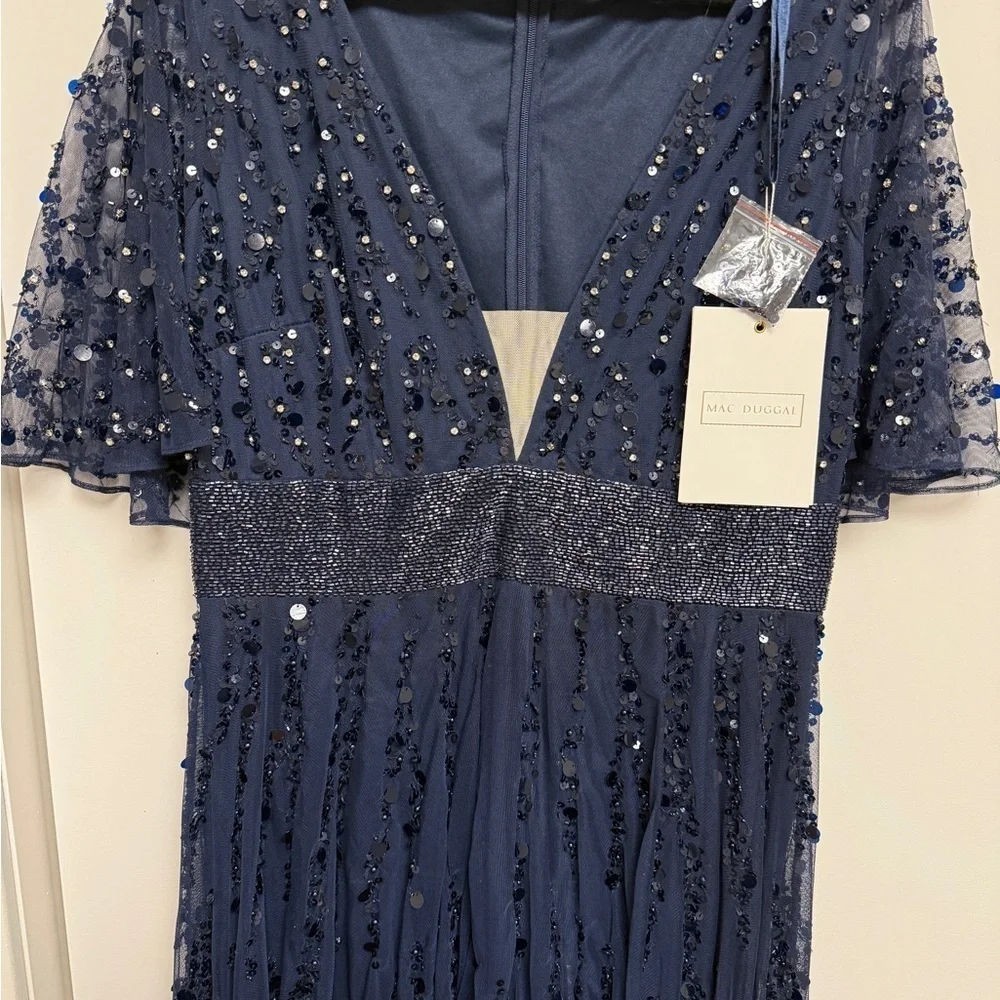NWT | Mac Duggal Blue 93784 Midnight Blue Maxi Gown Flutter Sleeves Size 10 - Picture 6 of 15